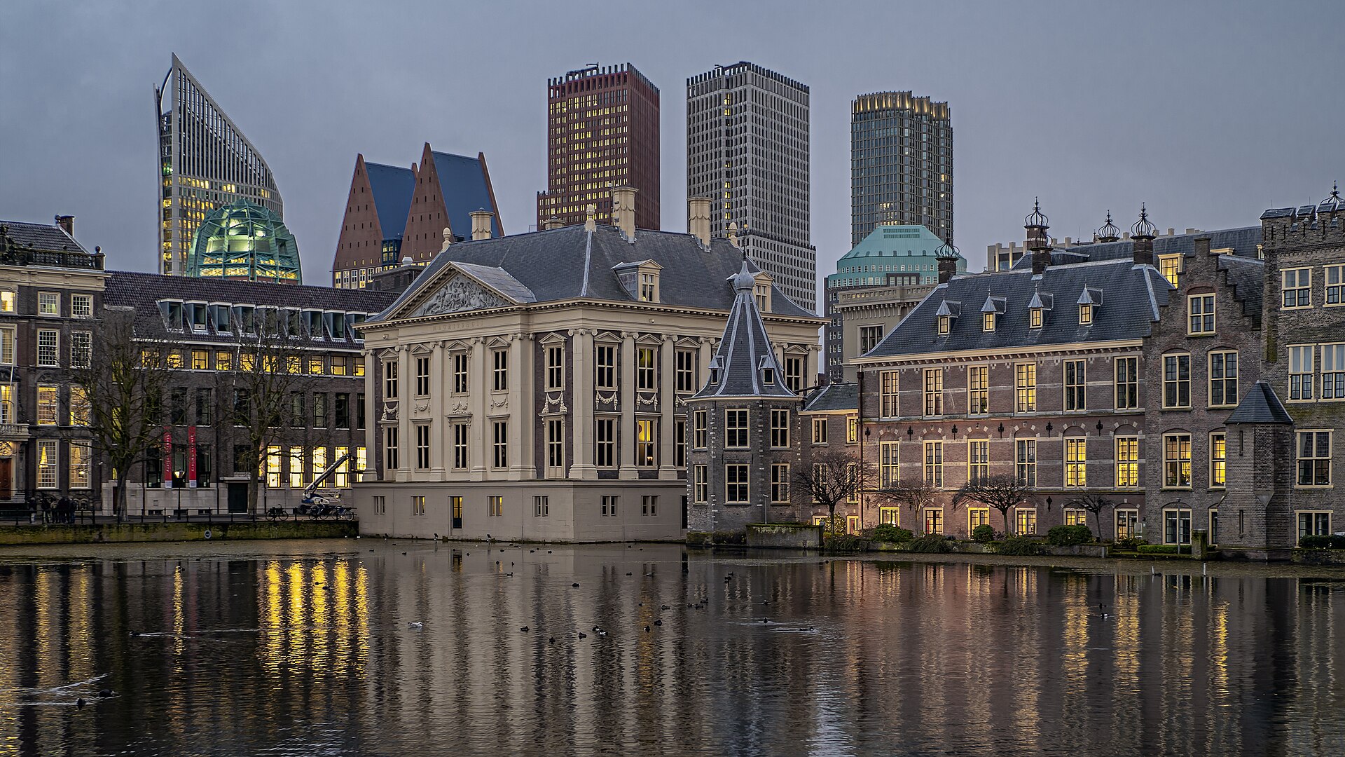 The Binnenhof parliament buildings reflected in the Hofvijver in The Hague